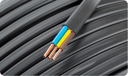 Detailed view of a black cable featuring exposed yellow and blue wires